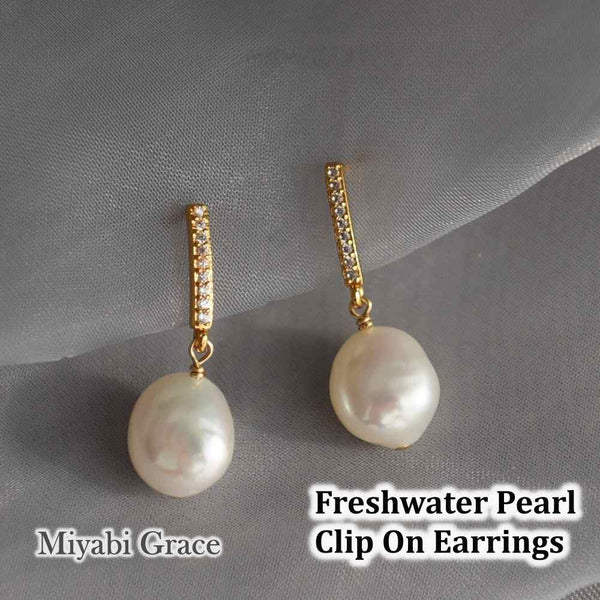 Dangle White Freshwater Pearl & Gold Cubic Zirconia Crystal Bar Coil Clip On Earrings