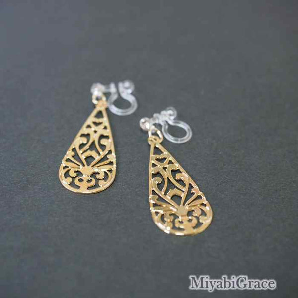 Dangle  Teardrop Filigree Invisible Clip On Earrings