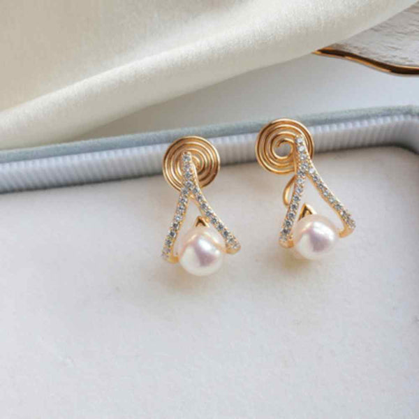 White Freshwater Pearl & Triange Cubic Zirconia Crystal CZ Coil Clip On Earrings