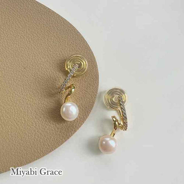 White Freshwater Pearl & Wave Cubic Zirconia Crystal CZ Gold Coil Clip On Earrings