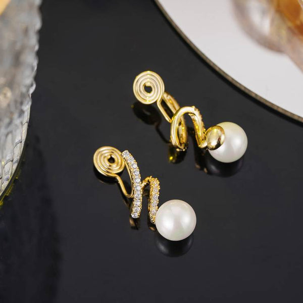 White Freshwater Pearl & Wave Cubic Zirconia Crystal CZ Gold Coil Clip On Earrings