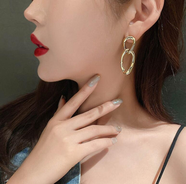 Dangle Gold /Silver Organic-Shaped Double Hoop 42mm Invisible Clip On Earrings