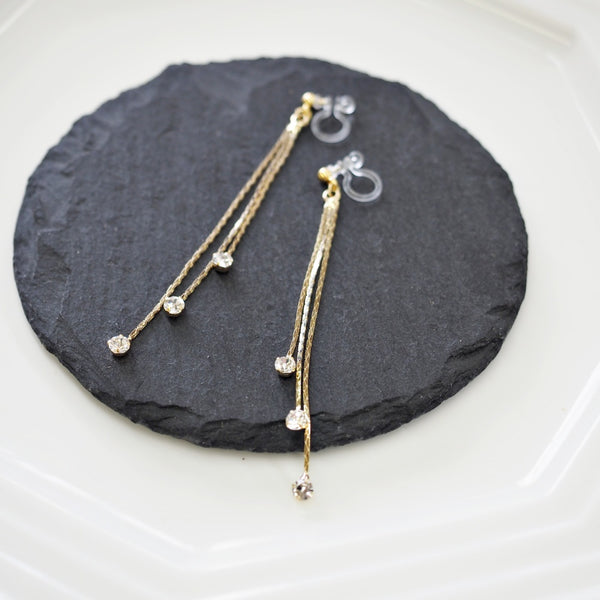 Chic Cascade Crystal Invisible Clip-On Earrings | Triple Chain Glamour