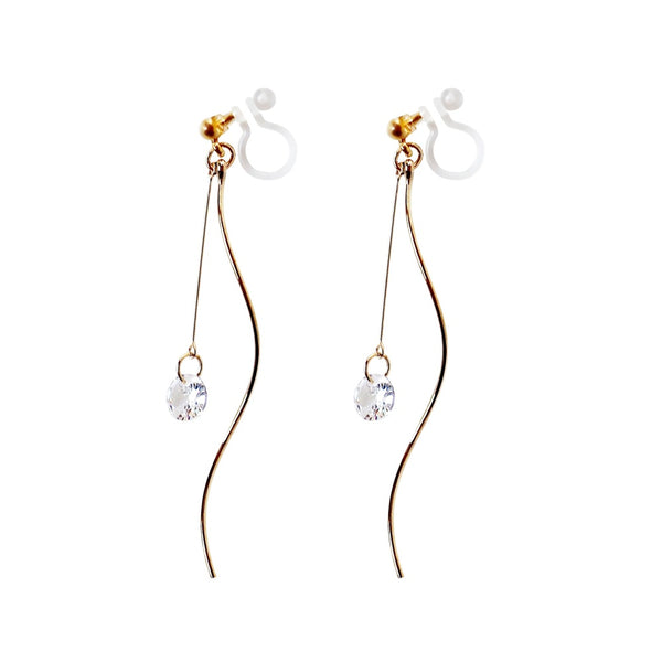 Elegant Gold Wave Bar Cubic Zirconia Invisible Clip-On Earrings | Graceful & Featherlight