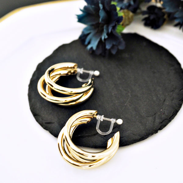 Gold / Silver Triple 35mm Invisible Clip On Hoop Earrings
