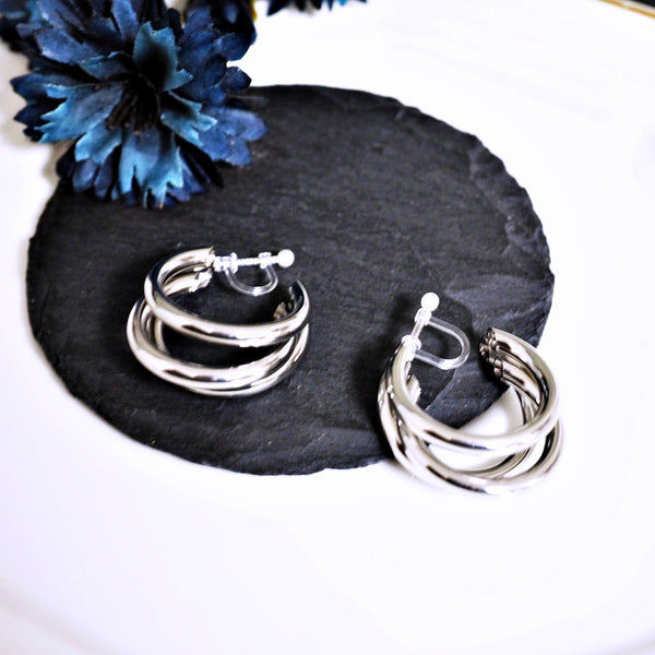 Gold / Silver Triple 35mm Invisible Clip On Hoop Earrings