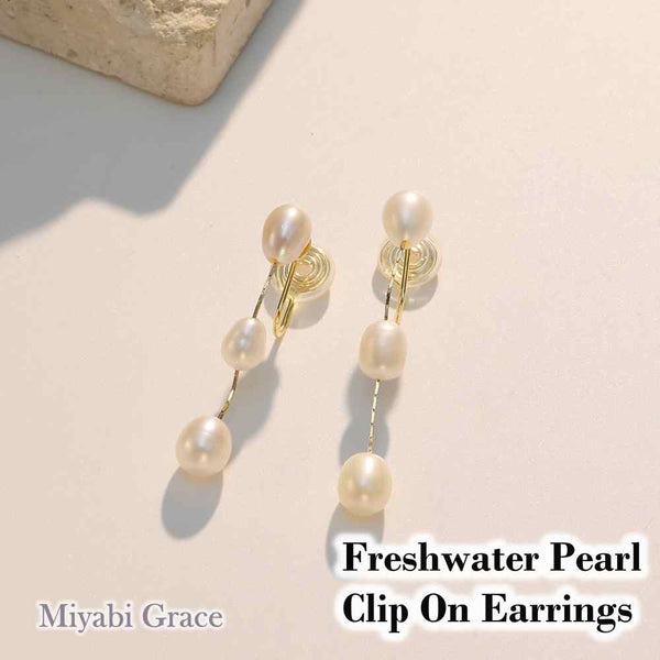 Dangle Three White Freshwater Pearl Long Gold Chain Coil ClipOn Earrings