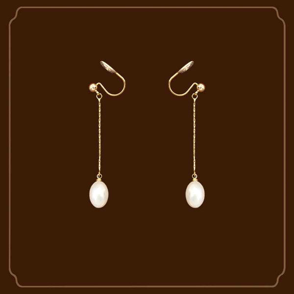 Dangle White Freshwater Pearl 6mm & Gold Long Chain Coil Clip On Earrings