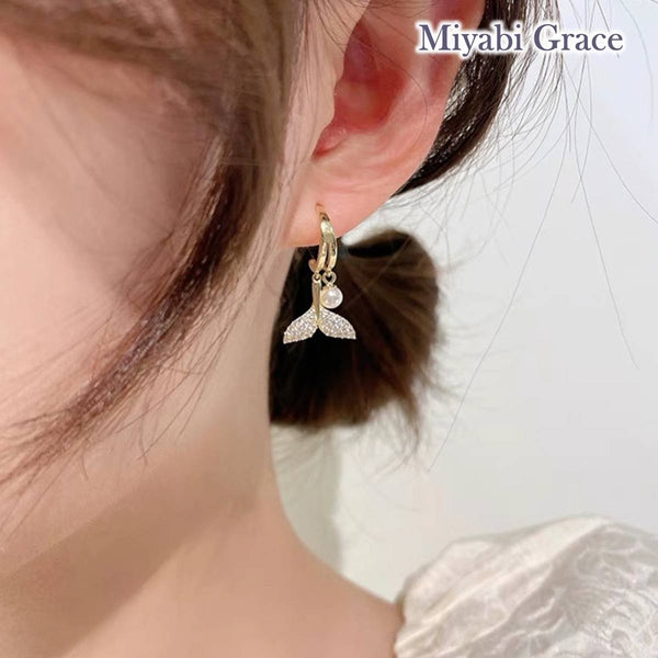 Dangle Dolphin Tail Crystal Rhinestone Gold Fish Tail Invisible Clip On Earrings
