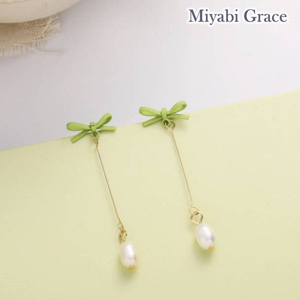 Dangle Freshwater Pearl Green Ribbon Tie Invisible Clip On Earrings