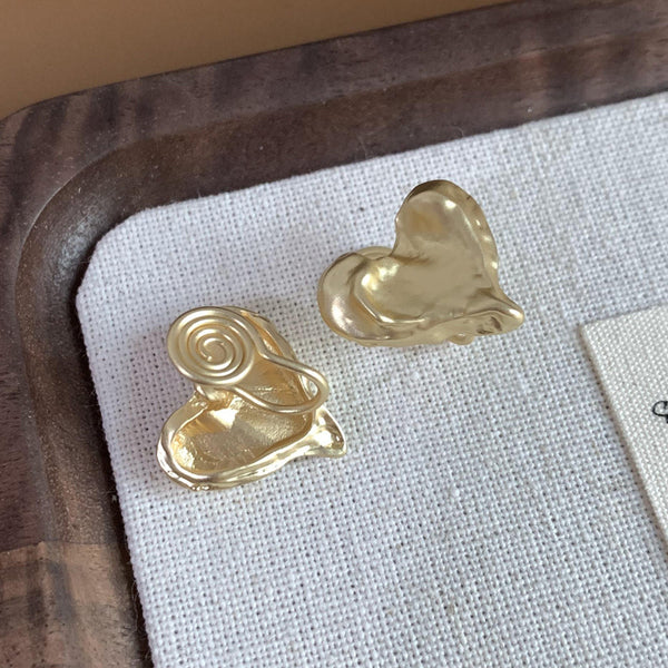 Gold Hammered Heart Coil Clip On Earrings