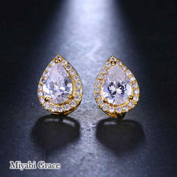 Gold /Silver Teardrop Cubic Zirconia Crystal CZ Bridal Wedding Clip On Earrings