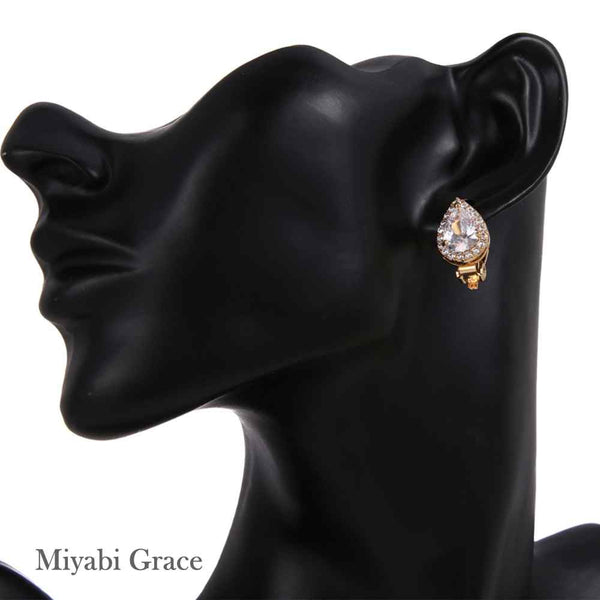 Gold /Silver Teardrop Cubic Zirconia Crystal CZ Bridal Wedding Clip On Earrings