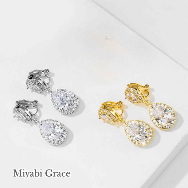 Dangle Gold / Silver Teardrop Cubic Zirconia CZ Bridal Wedding Clip On Earrings