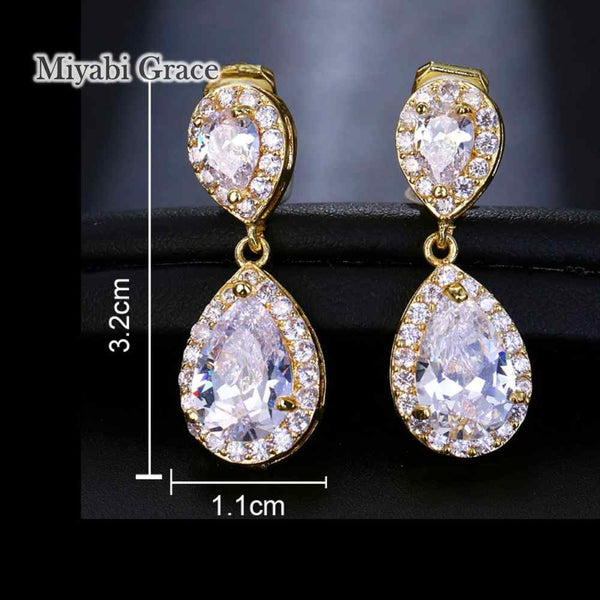 Dangle Gold / Silver Teardrop Cubic Zirconia CZ Bridal Wedding Clip On Earrings