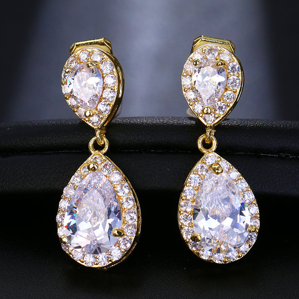 Dangle Gold / Silver Teardrop Cubic Zirconia CZ Bridal Wedding Clip On Earrings