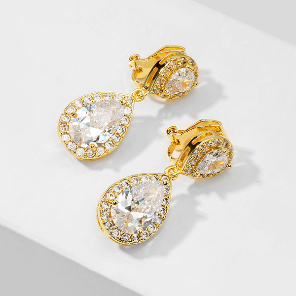 Dangle Gold / Silver Teardrop Cubic Zirconia CZ Bridal Wedding Clip On Earrings