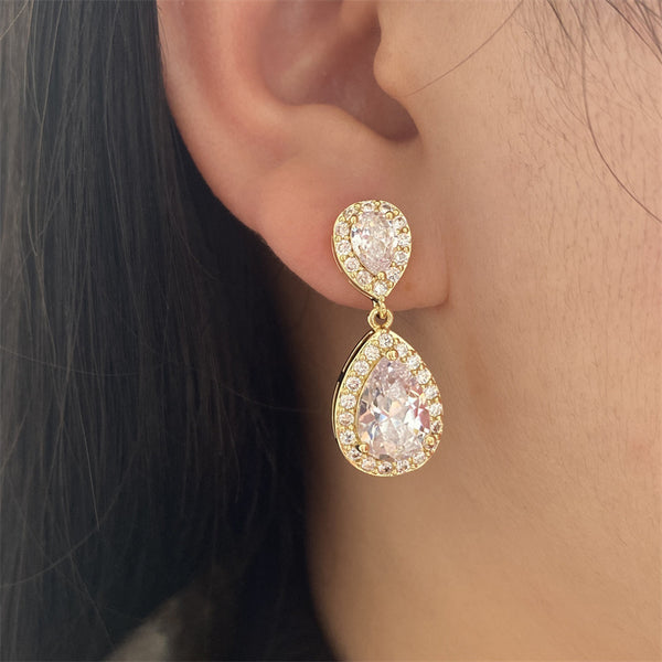 Dangle Gold / Silver Teardrop Cubic Zirconia CZ Bridal Wedding Clip On Earrings