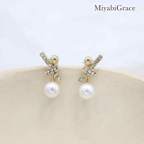 Gold V Crystal Rhinestone & Pearl Invisible Clip On Stud Earrings