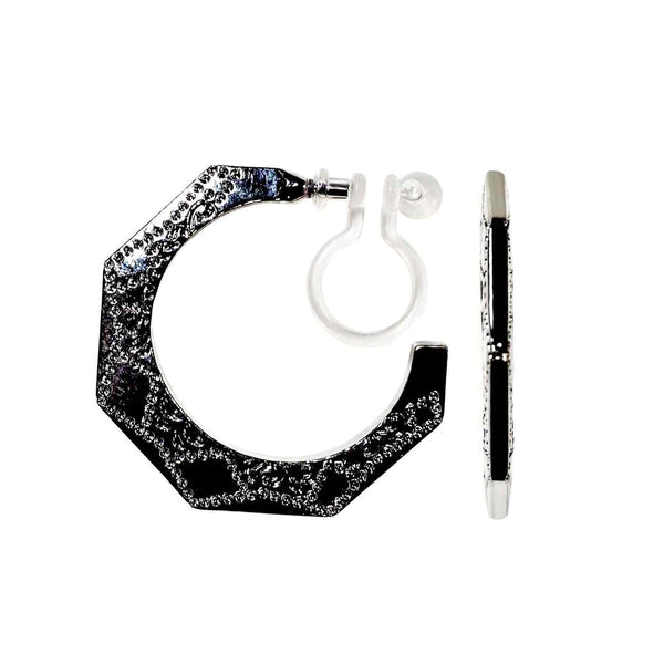 Engraved Ethnic Pentagon Invisible Clip On Hoop Earrings (Gold/Silver)