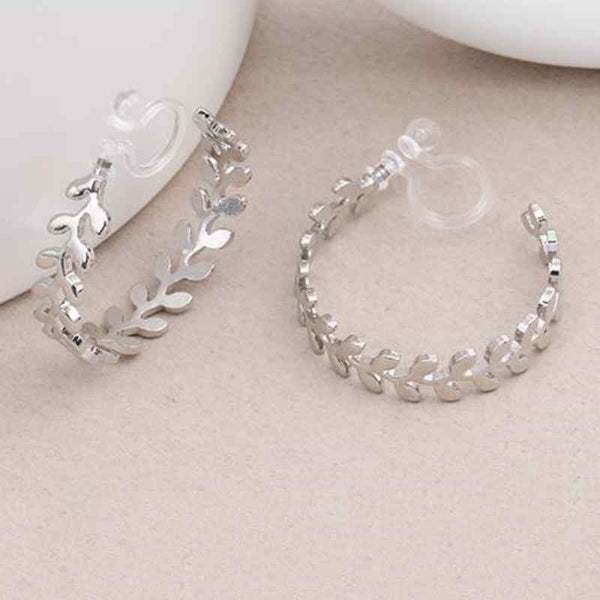 Leaf Laurel Wreath Invisible Clip On Hoop Earrings (Gold/Silver)