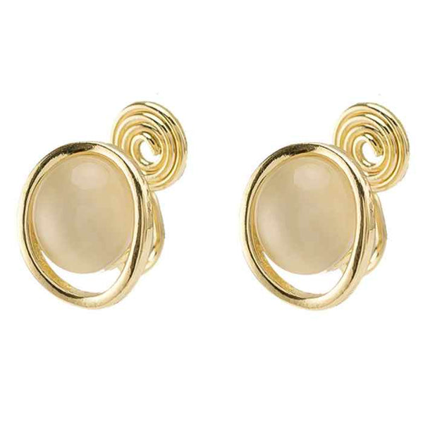 Round Beige Gold Dome Crystal Coil Clip On Earrings