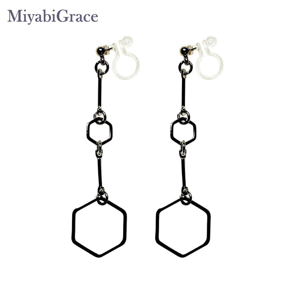Contemporary Gold Hexagon Long Chain Dangle Invisible Clip-On Earrings | Elegantly Lightweight