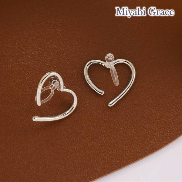 Silver Large Open Heart Invisible Clip On Stud Earrings
