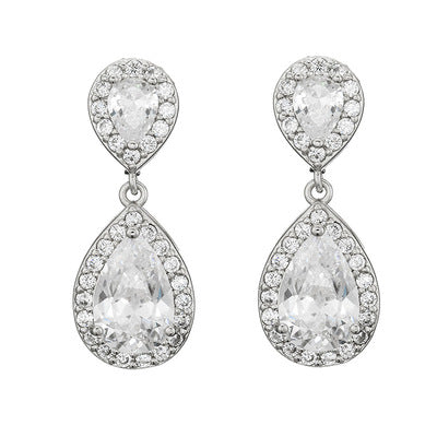 Dangle Gold / Silver Teardrop Cubic Zirconia CZ Bridal Wedding Clip On Earrings