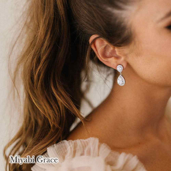 Dangle Gold / Silver Teardrop Cubic Zirconia CZ Bridal Wedding Clip On Earrings