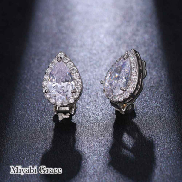 Gold /Silver Teardrop Cubic Zirconia Crystal CZ Bridal Wedding Clip On Earrings