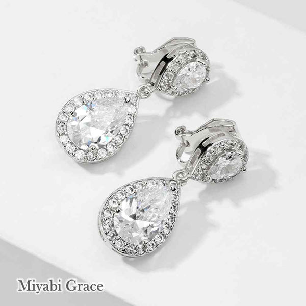 Dangle Gold / Silver Teardrop Cubic Zirconia CZ Bridal Wedding Clip On Earrings