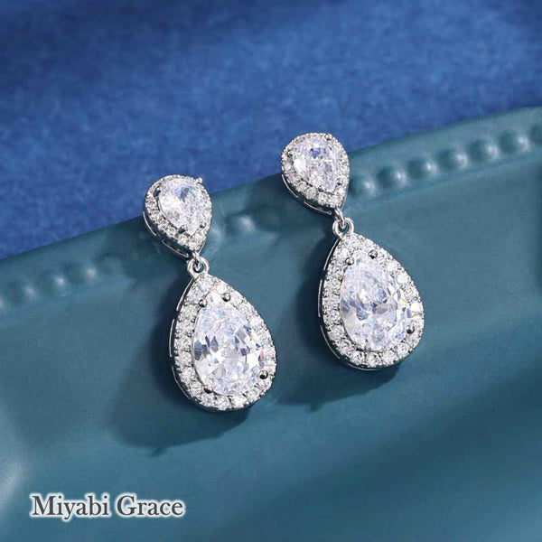 Dangle Gold / Silver Teardrop Cubic Zirconia CZ Bridal Wedding Clip On Earrings