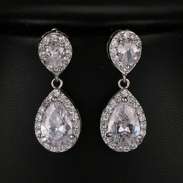 Dangle Gold / Silver Teardrop Cubic Zirconia CZ Bridal Wedding Clip On Earrings