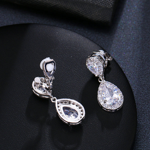 Dangle Gold / Silver Teardrop Cubic Zirconia CZ Bridal Wedding Clip On Earrings