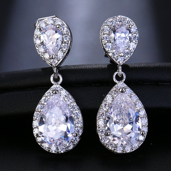 Dangle Gold / Silver Teardrop Cubic Zirconia CZ Bridal Wedding Clip On Earrings