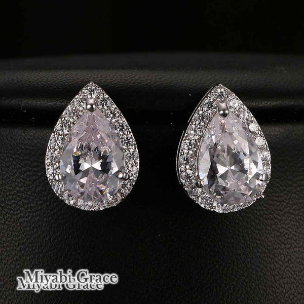Gold /Silver Teardrop Cubic Zirconia Crystal CZ Bridal Wedding Clip On Earrings