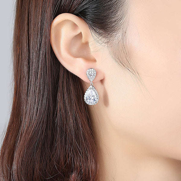 Dangle Gold / Silver Teardrop Cubic Zirconia CZ Bridal Wedding Clip On Earrings
