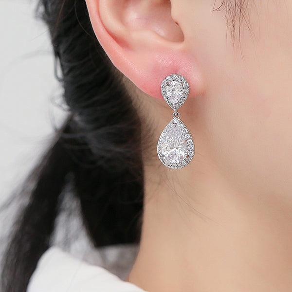 Dangle Gold / Silver Teardrop Cubic Zirconia CZ Bridal Wedding Clip On Earrings