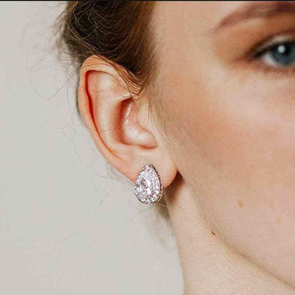 Gold /Silver Teardrop Cubic Zirconia Crystal CZ Bridal Wedding Clip On Earrings