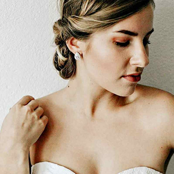 Gold /Silver Teardrop Cubic Zirconia Crystal CZ Bridal Wedding Clip On Earrings