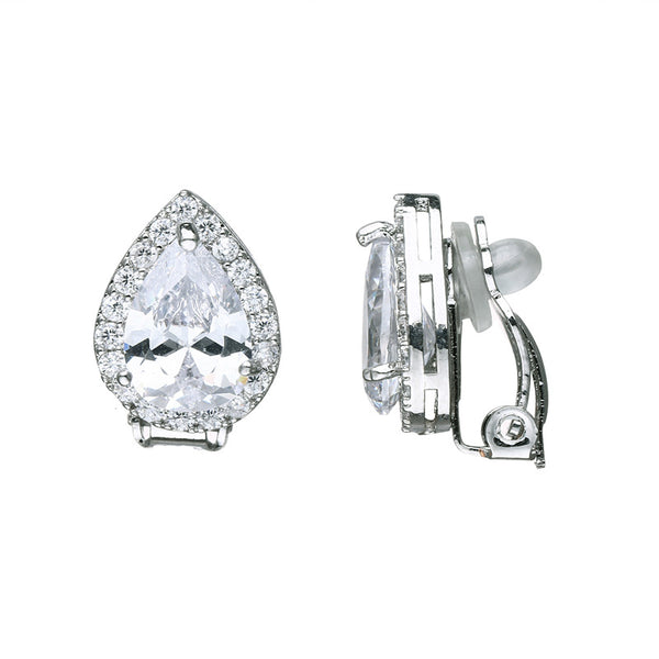 Gold /Silver Teardrop Cubic Zirconia Crystal CZ Bridal Wedding Clip On Earrings