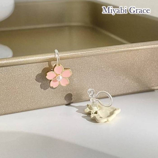 Cheery Blossom and White Cat Invisible Clip On Stud Earrings