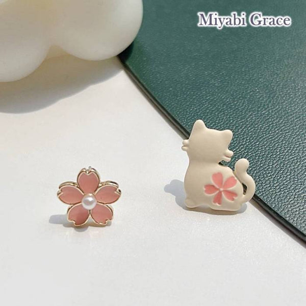 Cheery Blossom and White Cat Invisible Clip On Stud Earrings