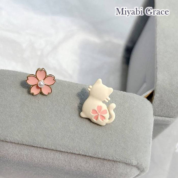 Cheery Blossom and White Cat Invisible Clip On Stud Earrings
