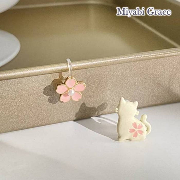 Cheery Blossom and White Cat Invisible Clip On Stud Earrings