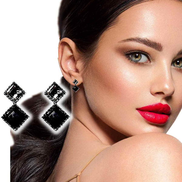 Square Black & Clear Swarovski Crystal Invisible Clip On Stud Earrings