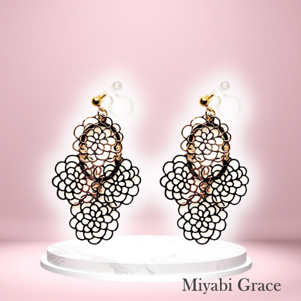 Dangle Large Flower Filigree Invisible Clip On Earrings