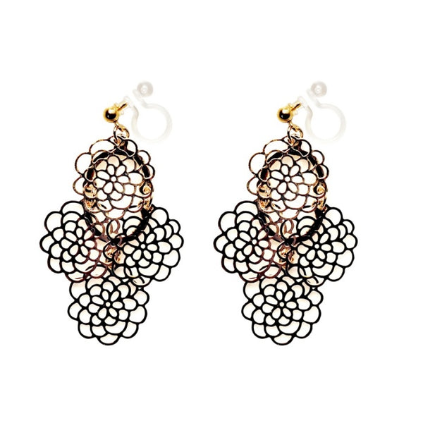 Dangle Large Flower Filigree Invisible Clip On Earrings