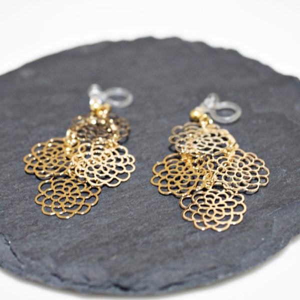 Dangle Large Flower Filigree Invisible Clip On Earrings